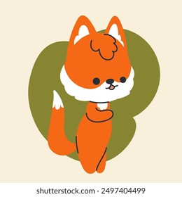 Cute kawaii fox in cartoon, flat, doodle, simple style. Design element for posters, postcards, greeting cards, wallpapers, children's clothes, fabrics, t-shirts, logos, cover