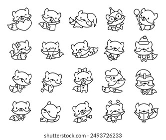 Cute kawaii fox with funny face. Coloring Page. Adorable cartoon animal character. Hand drawn style. Vector drawing. Collection of design elements.