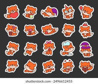 Cute kawaii fox with funny face. Sticker Bookmark. Adorable cartoon animal character. Hand drawn style. Vector drawing. Collection of design elements.