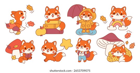 Cute kawaii fox. Little funny animals, forest fauna, fluffy redheads characters, different poses, actions, autumn mascot, wildlife creature, stickers garish vector cartoon isolated set