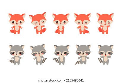 Cute kawaii fox   raccoon emoji icons  Adorable woodland animals cartoon characters  Baby raccoon   fox showing various emotions    cheerful  happy  calm  wawing hand paw  Mascot  avatar  print 