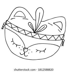 cute kawaii fox in a rim with feathers, head with a muzzle, coloring, vector element, drawing for children by hand