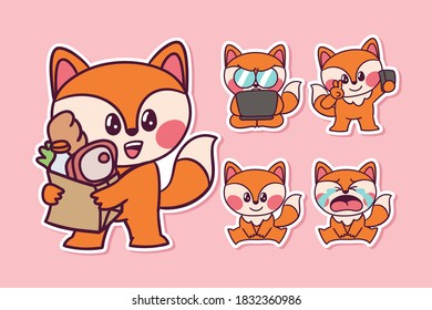 Cute and Kawaii Fox (sitting, shopping, working, taking selfie, crying) Illustration Set