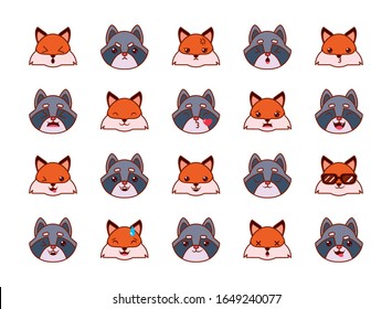 Cute kawaii foxes and raccoons cartoons line and fill style icon set design, Animals zoo life nature character childhood and adorable theme Vector illustration