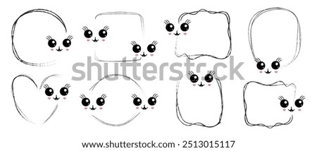 Cute kawaii frames with smiling cat faces and big eyes on white background.