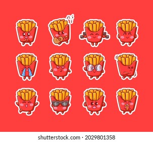 Cute and Kawaii French Fries Character Sticker Illustration Set With Various Activity and Happy Expression for mascot badge