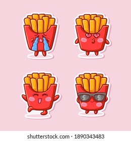 Cute and Kawaii French Fries Sticker Illustration Set With Various Activity and Expression (cry, kiss, happy, hooray, sunglasses) for mascot