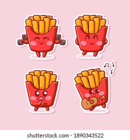 Cute and Kawaii French Fries Sticker Illustration Set With Various Activity and Expression (apologize, beg, play guitar, workout, happy) for mascot