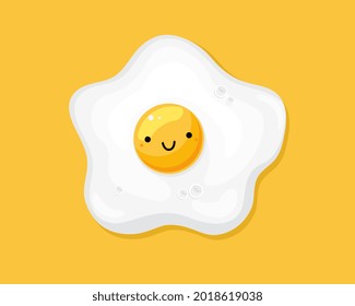 Cute kawaii fried egg with happy smiley face. Breakfast food concept. Flat cartoon vector illustration