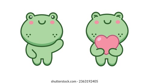 Cute Kawaii Frog, Froggy, Holding Love, Frog Say Hi Clipart Illustration