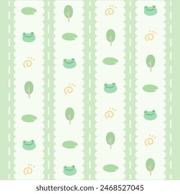 Cute Kawaii Frog and Lotus Leaf Pattern with Green Background