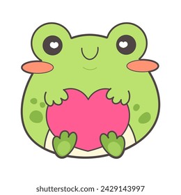 Cute kawaii frog in love holds heart in its paws. Vector illustration on white background, funny sticker