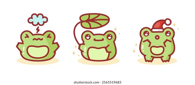 Cute Kawaii Frog Set. Set of frogs with different emotions. Evil frog, toad under water lily. Frog in Santa's hat. Baby animals bundle. Characters for kids. Cartoon illustration