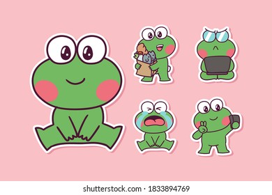 Cute and Kawaii Frog (sitting, shopping, working, taking selfie, crying) Illustration Set