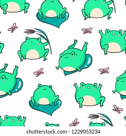 Cute kawaii frogs in various positions. Hand drawn colored vector seamless pattern