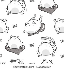 Cute kawaii frogs in various positions. Hand drawn vector seamless pattern