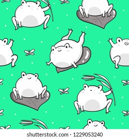 Cute kawaii frogs in various positions. Hand drawn vector seamless pattern. Green background