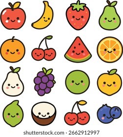 Cute kawaii fruit characters with happy faces on white background