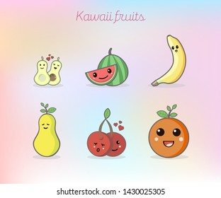 Cute Kawaii Fruit Characters Set With Avocado, Watermelon, Banana, Pear, Cherry And Orange.