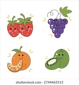  Cute kawaii fruit characters set, funny strawberry, grape, orange and kiwi stickers, vector flat illustration for kids