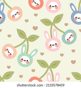 cute kawaii fruit cherries with happy faces, childish fabric pastel colors design seamless pattern, berry food bunny kids paper, fabric and textile rabbit print, eps vector 10