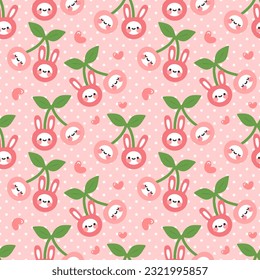 cute kawaii fruit cherries with happy faces, childish fabric pastel colors design seamless pattern, berry food bunny kids paper, fabric and textile rabbit print, eps vector 10