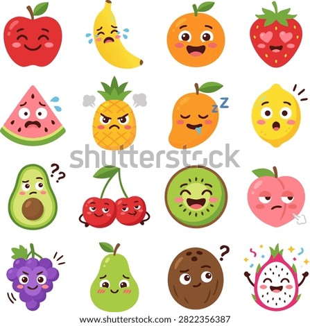 Cute kawaii fruit emoji characters vector set with various facial expressions. Flat design collection of cute fruit mascots including apple, banana, orange, strawberry, watermelon, pineapple, mango, lemon, avocado, cherry, kiwi, peach, grape, pear, coconut, and dragon fruit isolated on white background.