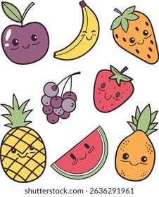 Cute Kawaii Fruit Illustration With Characters Vector Set