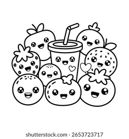 Cute Kawaii Fruit and Juice Coloring Page, Happy Cartoon Fruits with Smiling Faces, Black and White Line Art for Kids Printable Activity.