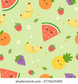 Cute Kawaii Fruit Seamless Pattern with Banana, Strawberry, Watermelon, Pineapple and Grapes on Pastel Green Background