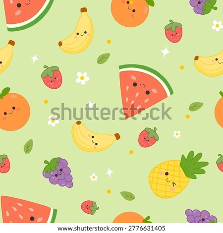 Cute Kawaii Fruit Seamless Pattern with Banana, Strawberry, Watermelon, Pineapple and Grapes on Pastel Green Background