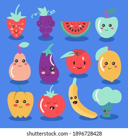 Cute Kawaii fruit and vegetable icon set. Vector collection of cute Fruit and veg illustration.  