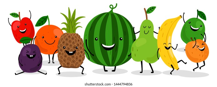 Cute kawaii fruits characters vector set. Happy fruits illustration. Pear and orange, apple and pineapple, plum and watermelon