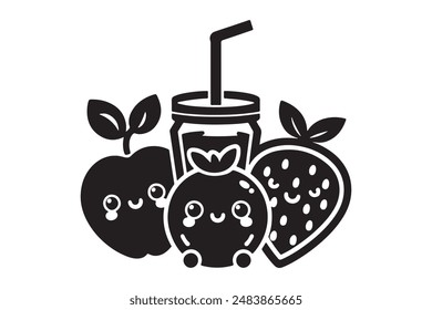 Cute Kawaii Fruits set silhouette vector illustration with white illustration.