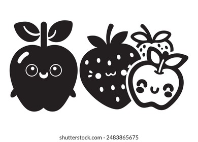 Cute Kawaii Fruits set silhouette vector illustration with white illustration.