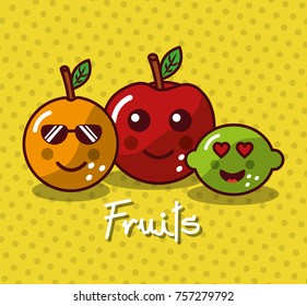 cute kawaii fruits set smiling healthy food