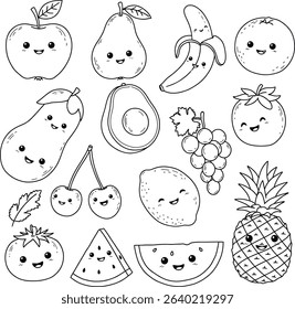 Cute Kawaii Fruits and Vegetables Coloring Page: Adorable Line Art for Kids and Adults.