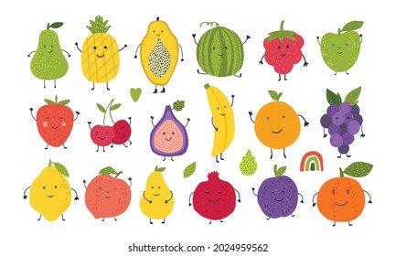 Cute kawaii fruts with smiling faces. Fruit set. Watermelon, apple, pear, peach, grapes and others