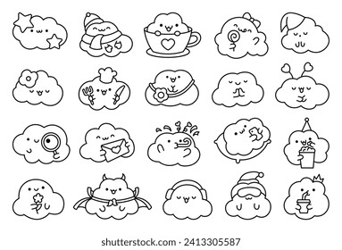 Cute kawaii funny clouds. Coloring Page. Cartoon weather character in different poses. Hand drawn style. Vector drawing. Collection of design elements.