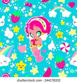 Cute kawaii funny girl with a heart pattern