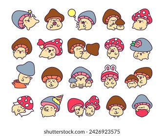 Cute kawaii funny mushroom. Cartoon character in different poses. Hand drawn style. Vector drawing. Collection of design elements.