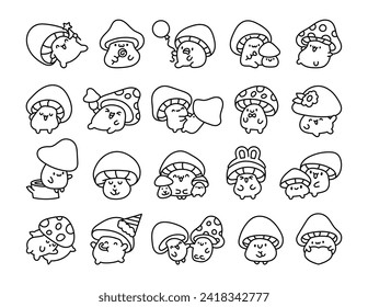 Cute kawaii funny mushroom. Coloring Page. Cartoon character in different poses. Hand drawn style. Vector drawing. Collection of design elements.