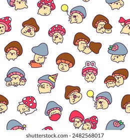 Cute kawaii funny mushroom. Seamless pattern. Cartoon character in different poses. Hand drawn style. Vector drawing. Design ornaments.