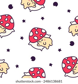 Cute kawaii funny mushroom. Seamless pattern. Cartoon character in different poses. Hand drawn style. Vector drawing. Design ornaments.