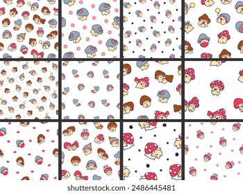 Cute kawaii funny mushroom. Seamless pattern. Cartoon character in different poses. Hand drawn style. Vector drawing. Collection of design ornaments.