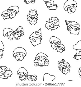 Cute kawaii funny mushroom. Seamless pattern. Coloring Page. Cartoon character in different poses. Hand drawn style. Vector drawing. Design ornaments.