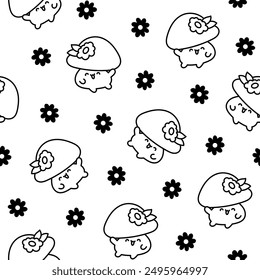 Cute kawaii funny mushroom. Seamless pattern. Coloring Page. Cartoon character in different poses. Hand drawn style. Vector drawing. Design ornaments.