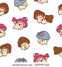 Cute kawaii funny mushroom. Seamless pattern. Cartoon character in different poses. Hand drawn style. Vector drawing. Design ornaments.