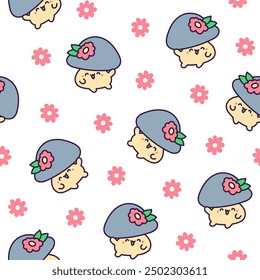 Cute kawaii funny mushroom. Seamless pattern. Cartoon character in different poses. Hand drawn style. Vector drawing. Design ornaments.