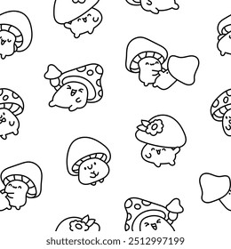 Cute kawaii funny mushroom. Seamless pattern. Coloring Page. Cartoon character in different poses. Hand drawn style. Vector drawing. Design ornaments.